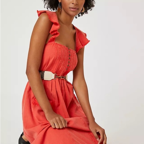 NWT ANTHROPOLOGIE PILCRO FLUTTER SLEEVE MIDI DRESS RED SMALL CASUAL BOHO MAXI - Picture 10 of 13